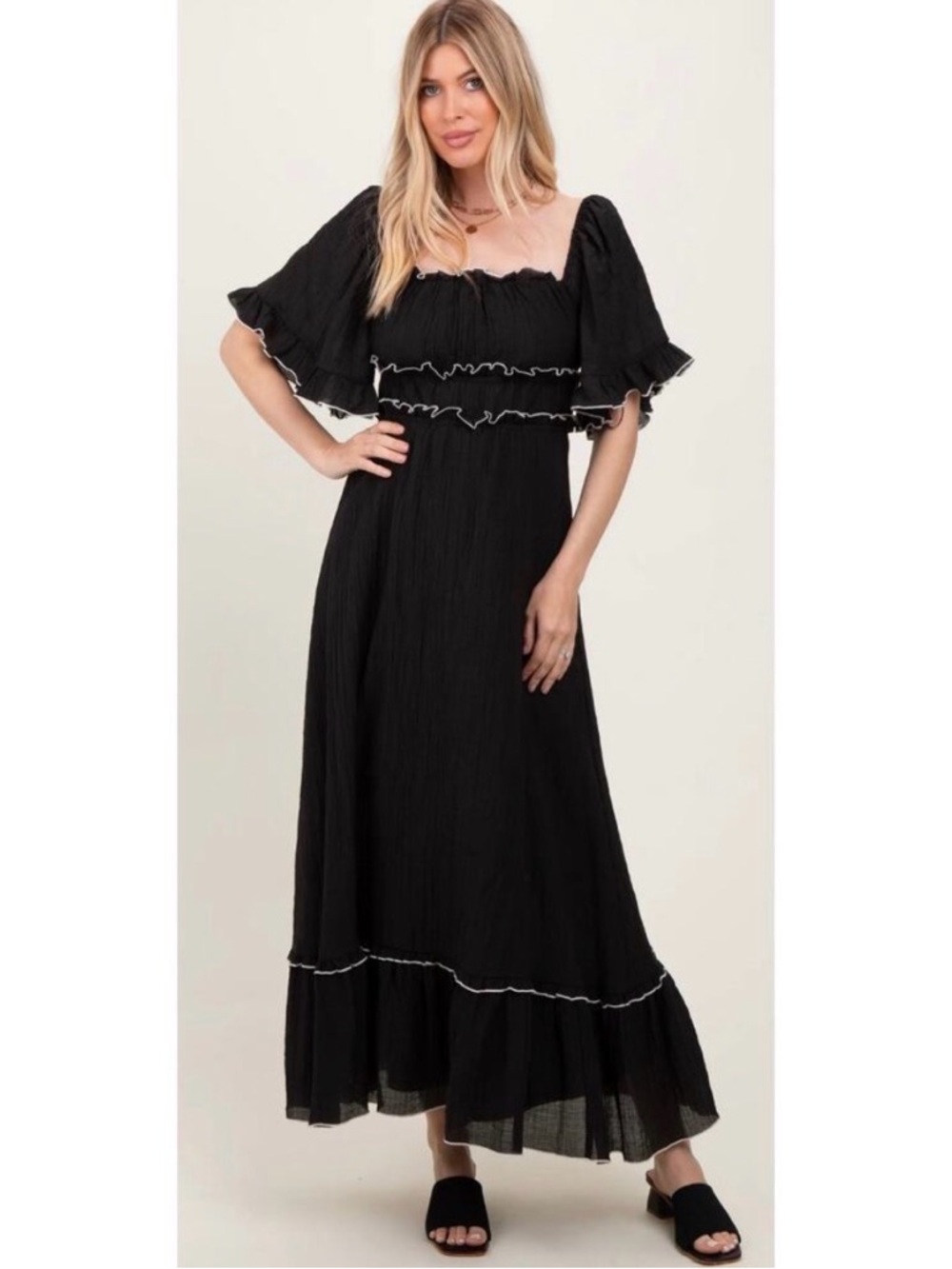 Klesis Black Crinkle Flowy Ruffle Milkmaid Flutter Sleeve Long Maxi Dress NWT